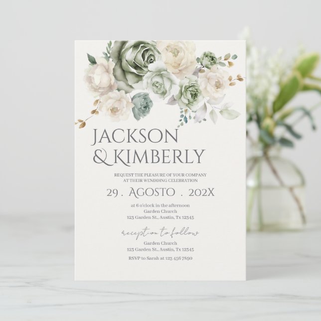 Convite Casamento com verde e flores brancas (Em pé/Frente)