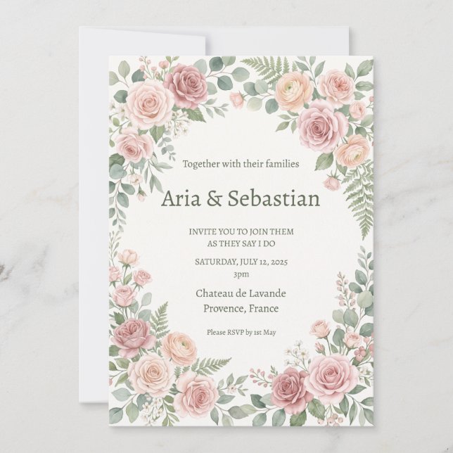 Convite Casamento com Verde e Rosa Cor-de-Rosa (Frente)