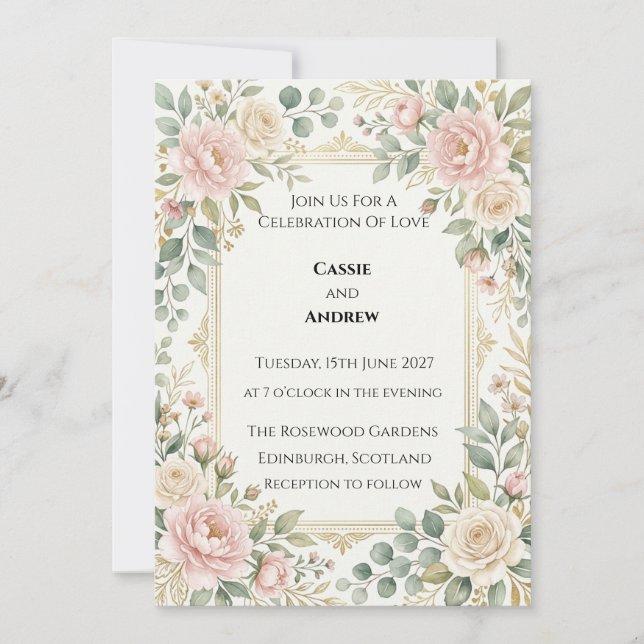 Convite Casamento com Verde e Rosa Cor-de-Rosa (Frente)