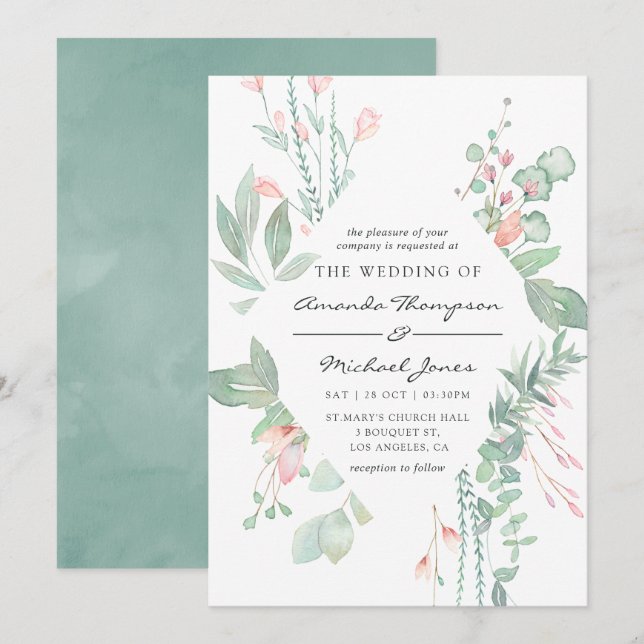 Convite Casamento com Verde e Rosa Pastel (Frente/Verso)