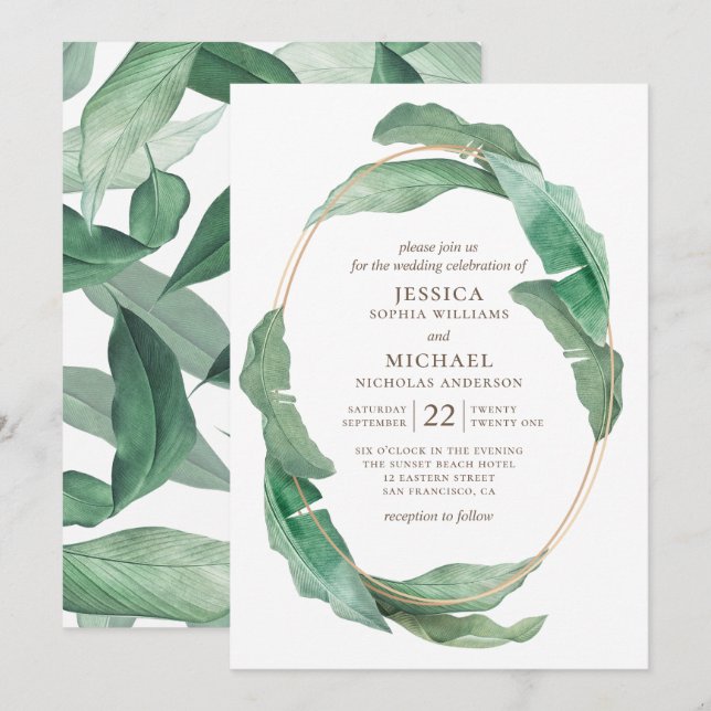 Convite Casamento com verde tropical. Botânica aquarela (Frente/Verso)