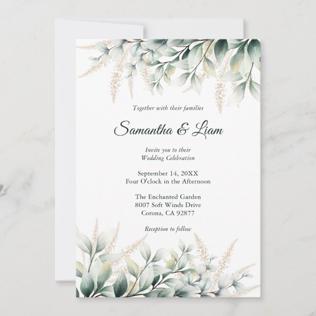 Convite Casamento com Verdejante Dourado de Eucalipto (Frente)