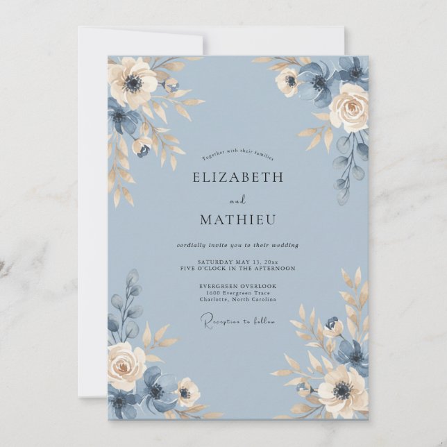 Convite Casamento com Vinha Azul Champanhe (Frente)