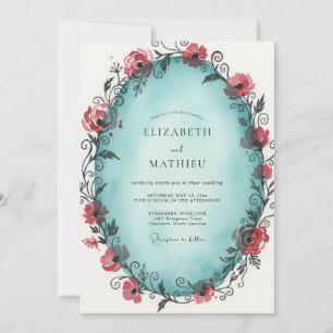 Convite Casamento com Vinha Azul-Esverdeada Carmesim