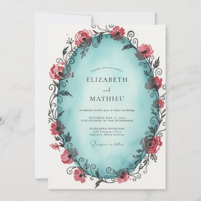 Convite Casamento com Vinha Azul-Esverdeada Carmesim (Frente)