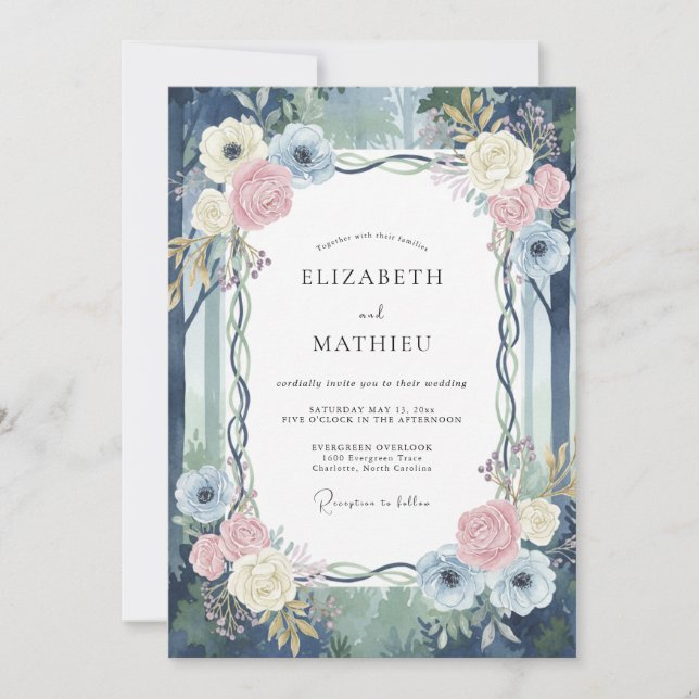 Convite Casamento com Vinha Azul Marinho Rosa (Frente)