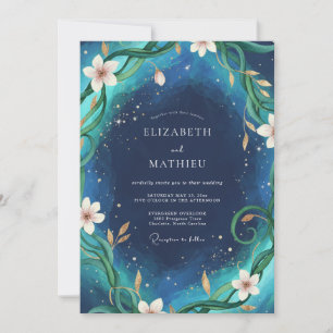 Convite Casamento com Vinha Azul Teal à Meia-Noite