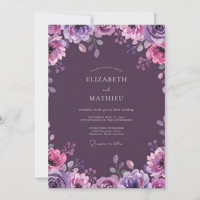 Convite Casamento com Vinha de Aquarela de Ameixa (Frente)