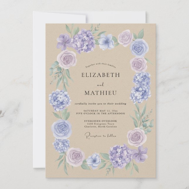 Convite Casamento com Vinha de Bege e Periwinkle (Frente)
