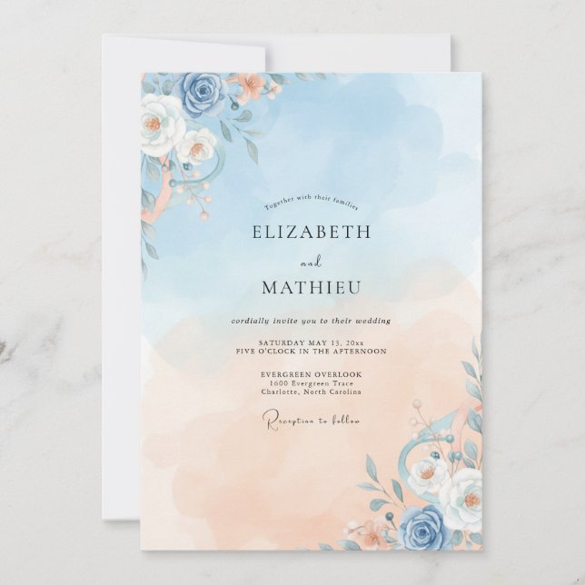 Convite Casamento com Vinha de Champanhe Azul (Frente)