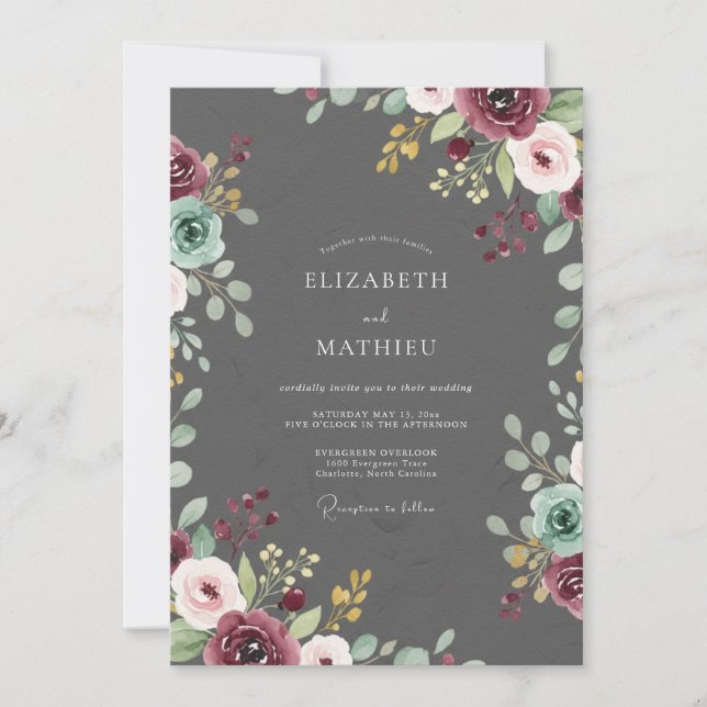 Convite Casamento com Vinha de Cor de Carvão Marrom (Frente)