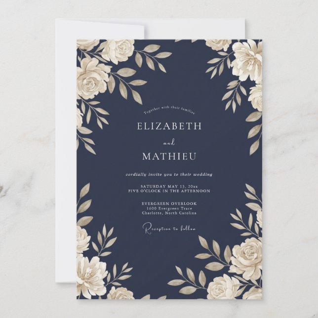 Convite Casamento com Vinha de Creme Azul-Marinho (Frente)