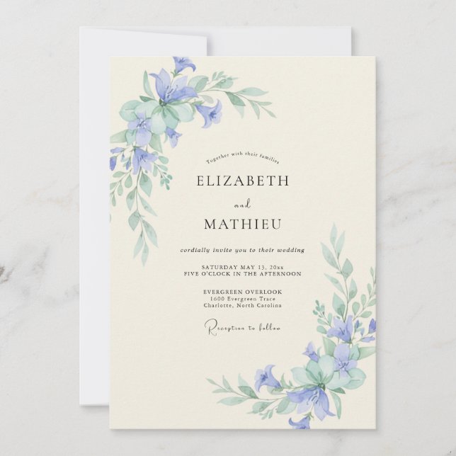 Convite Casamento com Vinha de Espuma Marinha Azul-Violeta (Frente)