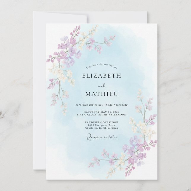 Convite Casamento com Vinha de Lilás Pó de Periwinkle (Frente)