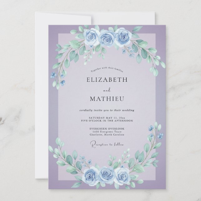 Convite Casamento com Vinha de Lilás Suave e Azul-Pervinca (Frente)