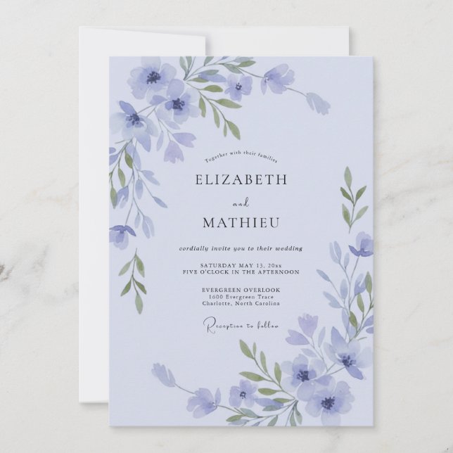 Convite Casamento com Vinha de Lilás Suave e Periwinkle (Frente)