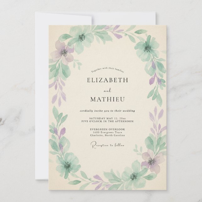 Convite Casamento com Vinha de Lilás Suave Menta (Frente)