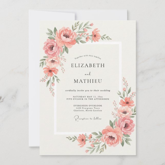 Convite Casamento com Vinha de Peônia Cor de Rosa (Frente)