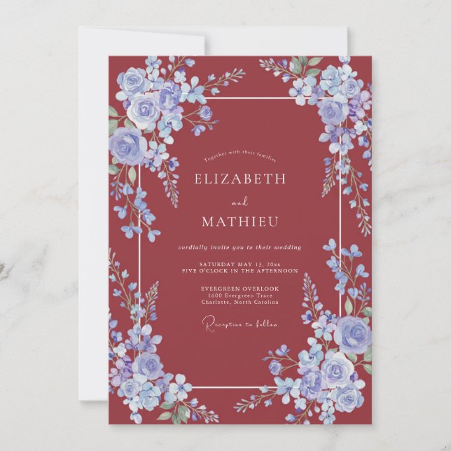 Convite Casamento com Vinha de Periwinkle Carmesim (Frente)