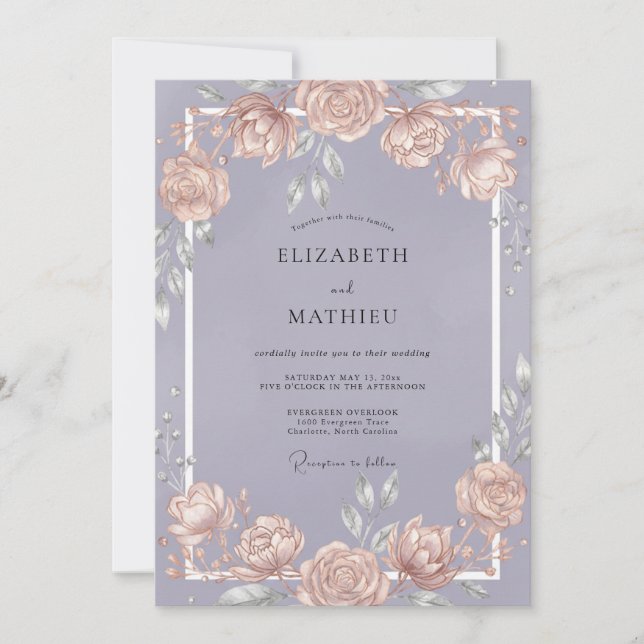 Convite Casamento com Vinha de Pêssego Violeta Suave (Frente)