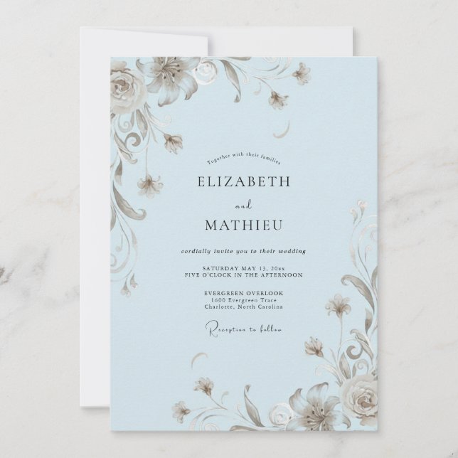 Convite Casamento com Vinha de Taupe Azul Pó (Frente)