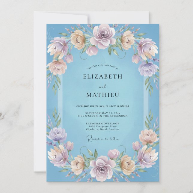 Convite Casamento com Vinha Lilás Azul Céu (Frente)