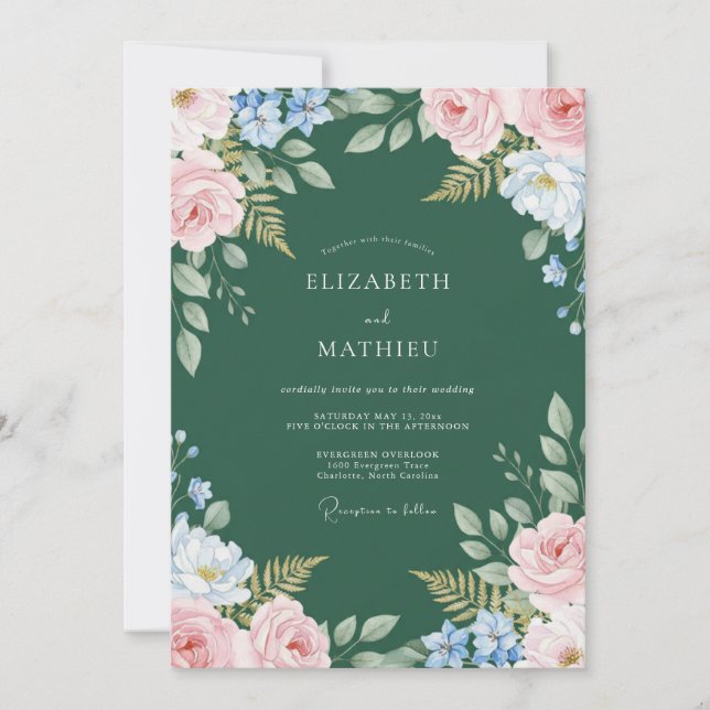 Convite Casamento com Vinha Pintada de Musgo Cor-de-Rosa (Frente)