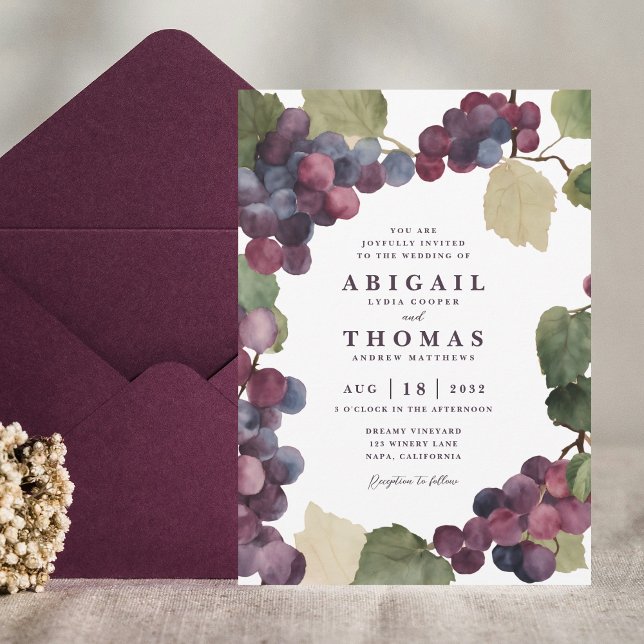 Convite Casamento com Vinha-Vinha-de-Uva-Púrpura (Vineyard Wedding Invitation Suite, Winery Wine Country Gouache Watercolor Purple Grape Vine Invite )
