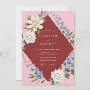 Convite Casamento com Vinho Rosado e Flor Silvestre