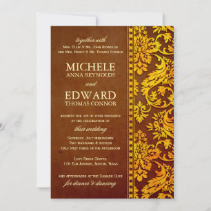 Convite Casamento com Vintage Dourado e Brown Damask Lace