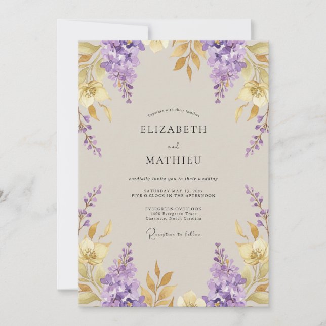 Convite Casamento com Violet Gold Wisteria (Frente)