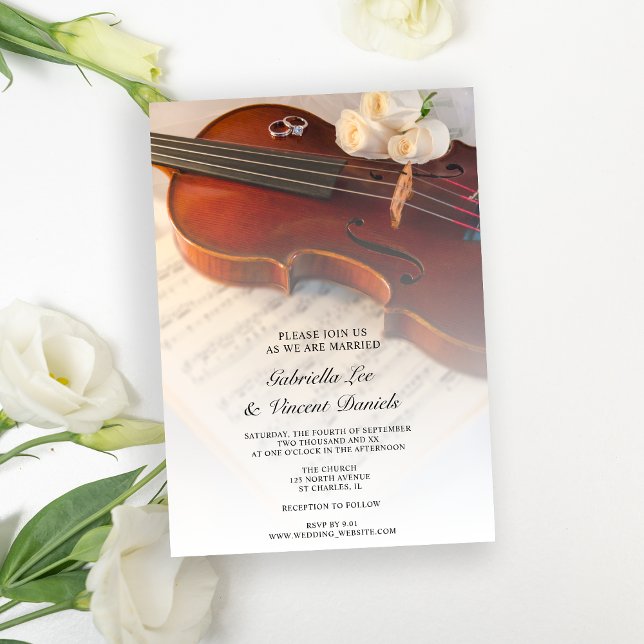 Convite Casamento com Violino Clássico e Rosas Brancas (Invite guests to a musical marriage ceremony with the elegant Violin & White Rose Wedding Invitation)
