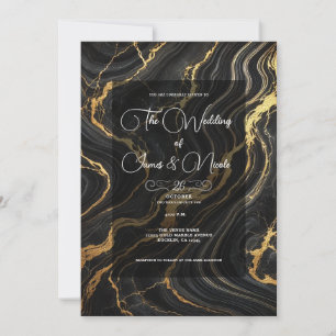 Convite Casamento com visual de mármore preto dourado Chic