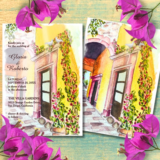 Convite Casamento com Watercolor Bougainvillea Antigo Méxi (Criador carregado)