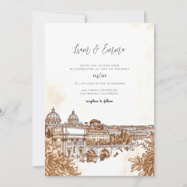 Convite Casamento com Watercolor em Roma Itália (Frente)