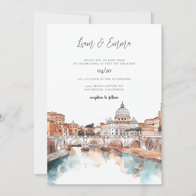 Convite Casamento com Watercolor em Roma Itália (Frente)
