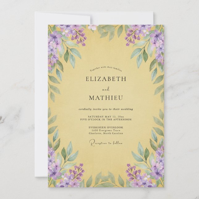 Convite Casamento com Wisteria Amarela Suave (Frente)