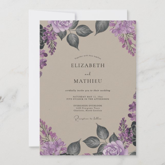 Convite Casamento com Wisteria de Tonalidade Bege (Frente)