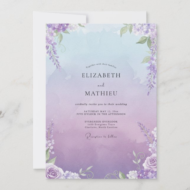 Convite Casamento com Wisteria Lavanda Pálida (Frente)