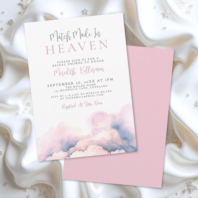 Convite Casamento Combinado no Céu Chá de Noiva Rosa (Match Made In Heaven Pink Bridal Shower Invitation)