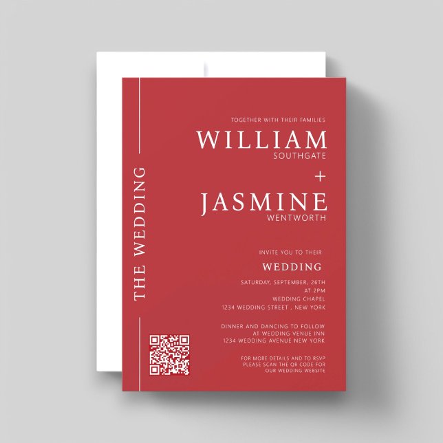 Convite Casamento completo com código QR mínimo moderno e  (modern minimalist red and white wedding invitation with wedding website qr code link , minimal bride)