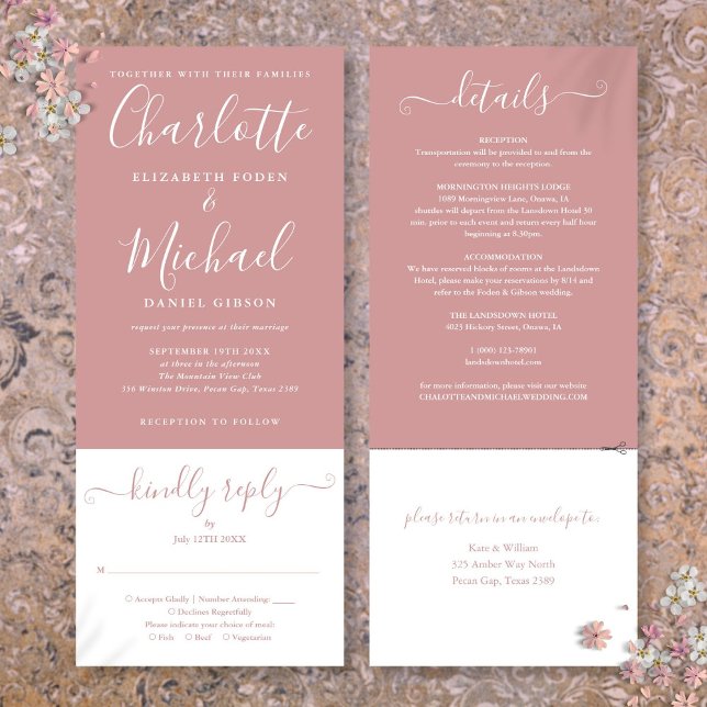 Convite Casamento Completo com Elegante Script Rosa Empoei (Dusty Rose Elegant Script All In One Wedding Invitation)