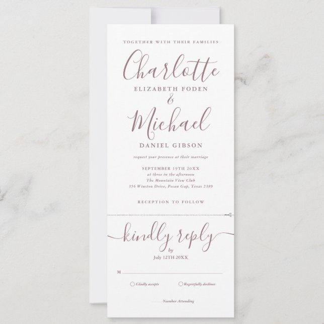 Convite Casamento Completo em Script Rosa Elegante (Frente)