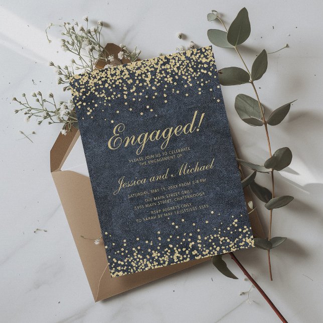 Convite Casamento Compromisso Brilho Dourado Azul Marinho (Navy blue and gold glitter engagement party invitation)