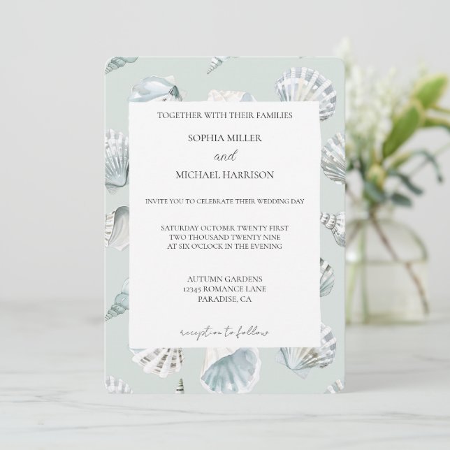 Convite Casamento Conchas de Praia Azul Menta Chic (Em pé/Frente)