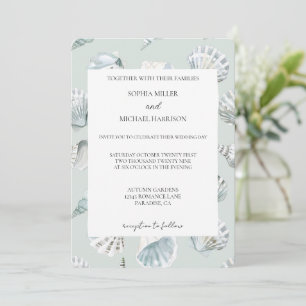 Convite Casamento Conchas de Praia Azul Menta Chic