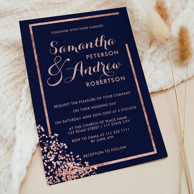Convite Casamento confete de marinho de quadro rosa modern (Modern rose gold frame navy confetti wedding invitation)