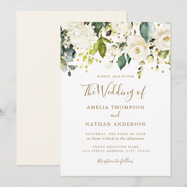 Convite Casamento Confete Dourado Floral Branco (Frente/Verso)