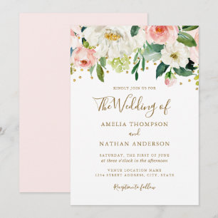 Convite Casamento Confete Floral Rosa Dourado Pêssego