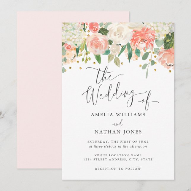 Convite Casamento Confete Rosa Floral Dourado (Frente/Verso)